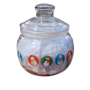 Whimsical Christmas Snowman Trinket Or Candy Jar 5" Clear Plastic